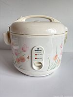 Front view of National rice cooker showing floral design and control panel