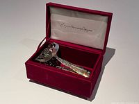 Tongs in open burgundy velvet presentation case