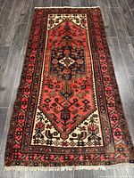 Full view of Hamadan rug showing pattern and borders