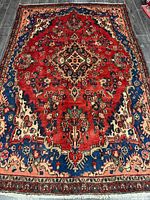 Full view of handmade Hamadan rug showing entire design and borders