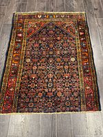 Full view of the Persian rug on wood floor showing entire design and fringe