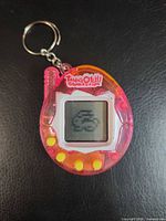 Front view showing screen on, four buttons, keyring