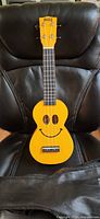 Full ukulele front view on chair with case edge visible