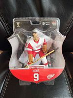 Front view of sealed Gordie Howe figure in jersey-shaped package