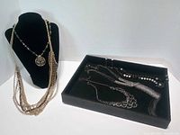 All five necklaces displayed, one on stand and four in tray