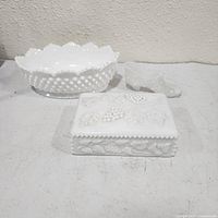 Trio showing bowl, trinket box with lid, and shoe figurine