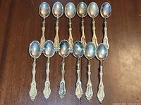 All twelve Italian silverplate dessert spoons laid out on table surface