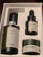 Set of three Prose skincare items in original box: cleanser bottle, serum dropper, moisturizer jar