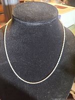 Full view of sterling silver rope chain on display bust