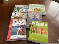 All five cookbooks fanned out on table