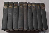 Spine view of all nine Harvard Classics volumes showing titles and numbering