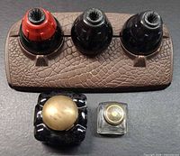 Overhead view of three black glass inkwells in brown reptile-textured tray, plus square black glass inkwell with brass lid and small clear glass bottle