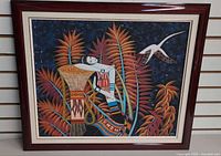 Full view of framed painting showing artwork, mat and wood frame