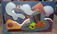 Full view of large abstract guitar painting on stretched canvas