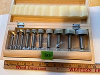 Full set of ten forstner bits in wooden box with foam insert