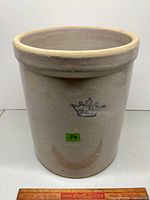 Front view showing blue crown 3 mark on stoneware crock