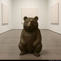 Front view of seated resin bear sculpture in gallery setting