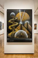 Full view of framed cosmic pyramid spray painting on gallery wall