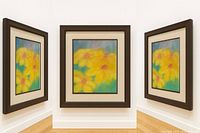 Oblique left view of framed pastel painting showing frame depth and mat