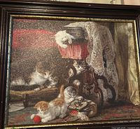 Full view of framed painting showing kittens scene