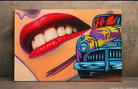 Full view of painting showing red lips and Ford grille