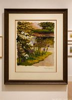 Frontal view of framed floral landscape painting signed M. Fitzgerald