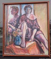 Full view of framed painting showing seated woman, reflection, blue vase with flowers