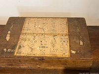 Closed wooden Meccano box with parts diagram on lid