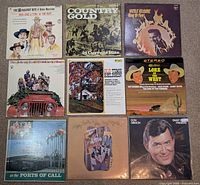 Grid of nine album covers including Morricone, Country Gold, Merle Kilgore, Johnny Cash, Old Time Religion, Lore of the West, At the Ports of Call, Happy Trails to You, Snap Your Fingers