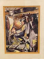 Close view of central scene with farmer milking cow, signature visible