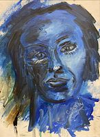 Full view of blue face portrait canvas, signature visible