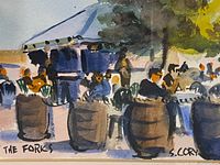 Full view of painting showing scene, title and signature