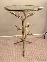Full view of metal plant stand with glass top