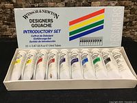 Boxed Winsor & Newton Designers Gouache introductory set showing ten tubes