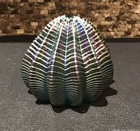 Front view showing ribbed iridescent glass paperweight