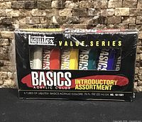 Front view of shrink-wrapped Liquitex Basics Introductory Assortment box