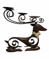 Left side view of wrought iron reindeer candle holder showing scroll antlers and candle plates