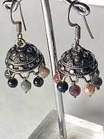 front view showing oxidized silver domes with granulation and dangling multicolored tourmaline beads