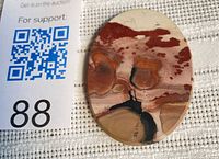 Front view of polished Chinese Painting Jasper cabochon alongside scale card