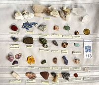 All 26 labelled mineral samples laid out on cloth with identifying labels visible