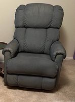 Front view of gray-blue La-Z-Boy recliner upright