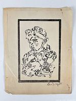 Full view of signed woodcut on aged paper