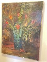 Full view of oil painting showing tulips in vase
