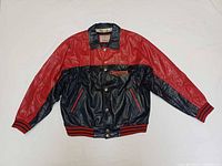 Front view of navy/red leather Cleveland Indians jacket