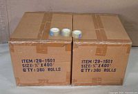 Two sealed cardboard cases labeled Item 29-1501 Size 3/4 × 400 QTY 360 ROLLS
