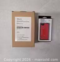 Cardboard six-pack box with label and one sealed red iPhone 5/5S case shown beside it