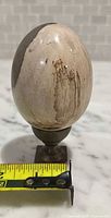 Stone egg on brass stand with tape measure showing size