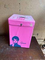 Closed pink Carousel wig storage case showing exterior graphic and latch