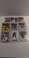 Overview of eight sleeved hockey cards laid out