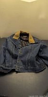 Full view of denim jacket front showing collar, buttons and overall condition